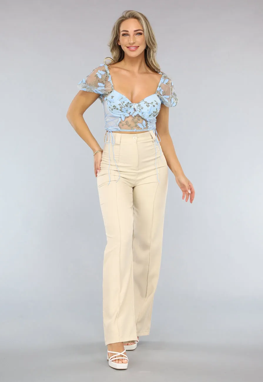 Hellblaues Spitzenkorsett-Top mit Vintage-Blumen