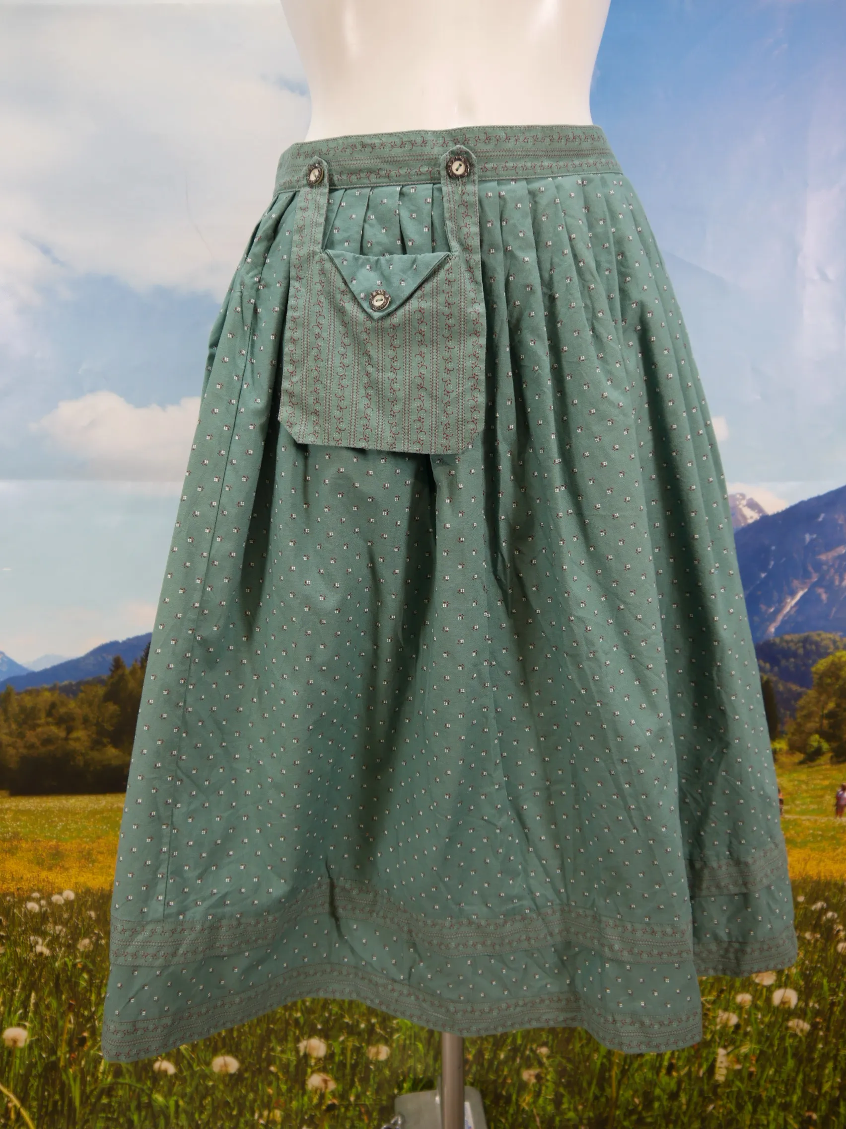 Trachtenrock Original Alphorn grün mit Blümchen und Tasche Trachten Rock Gr.42