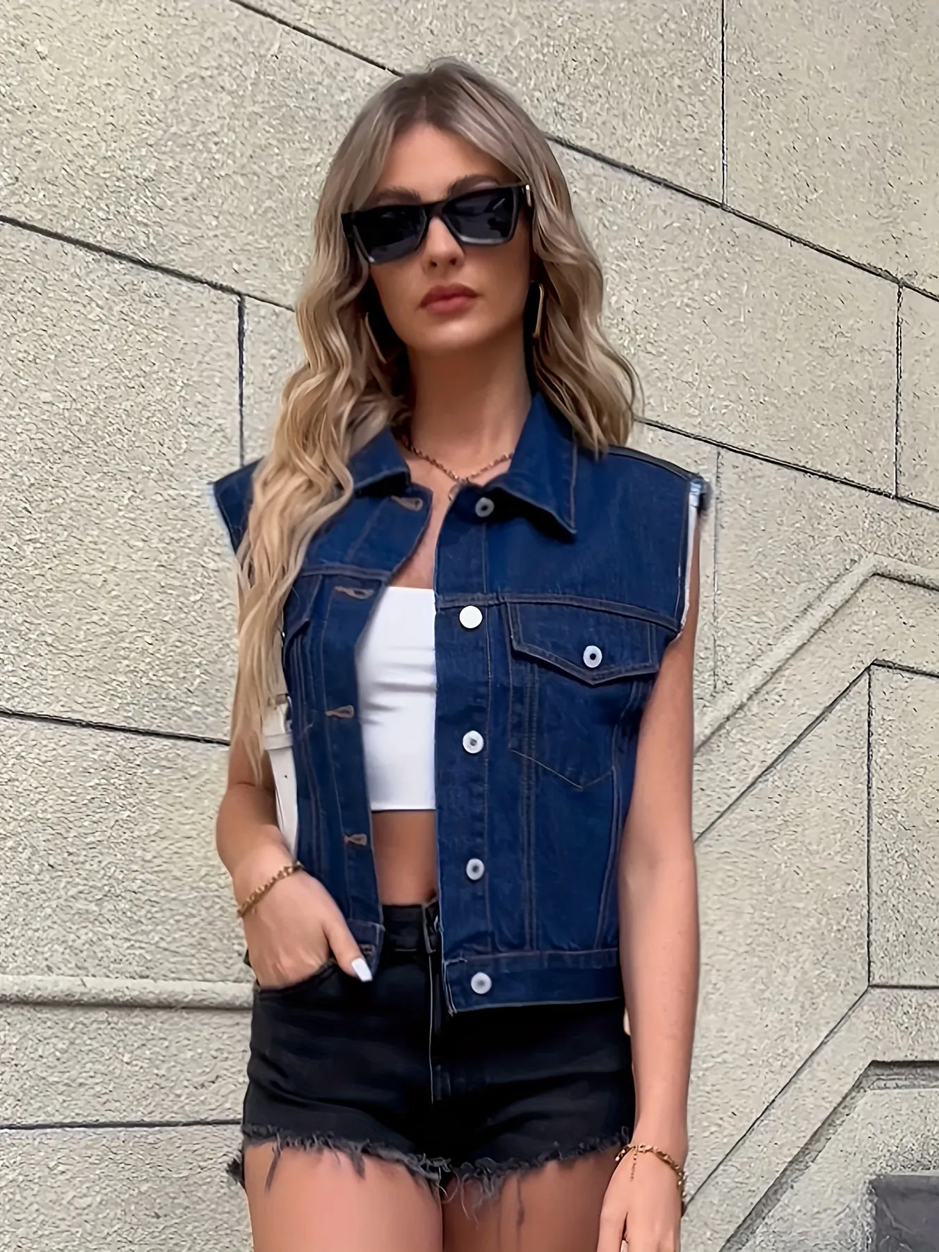 Ärmellose Jeansjacke mit Pattentaschen